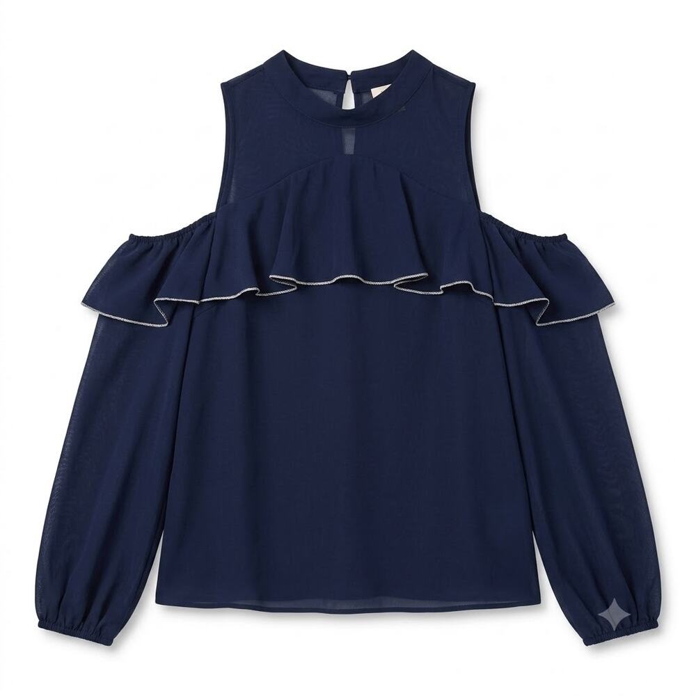 SAKS FIFTH AVENUE Crinkle Chiffon Ruffle Cold Shoulder Blouse Navy Womens Large